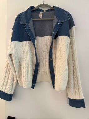 Mixed-Media Blue and Cream Cable-Knit Jean Jacket